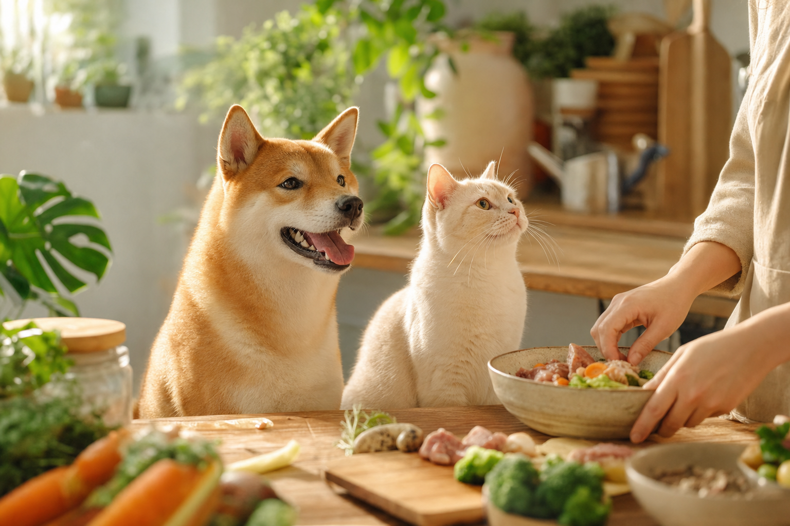 A dog and a cat together in a warm, sunlit kitchen